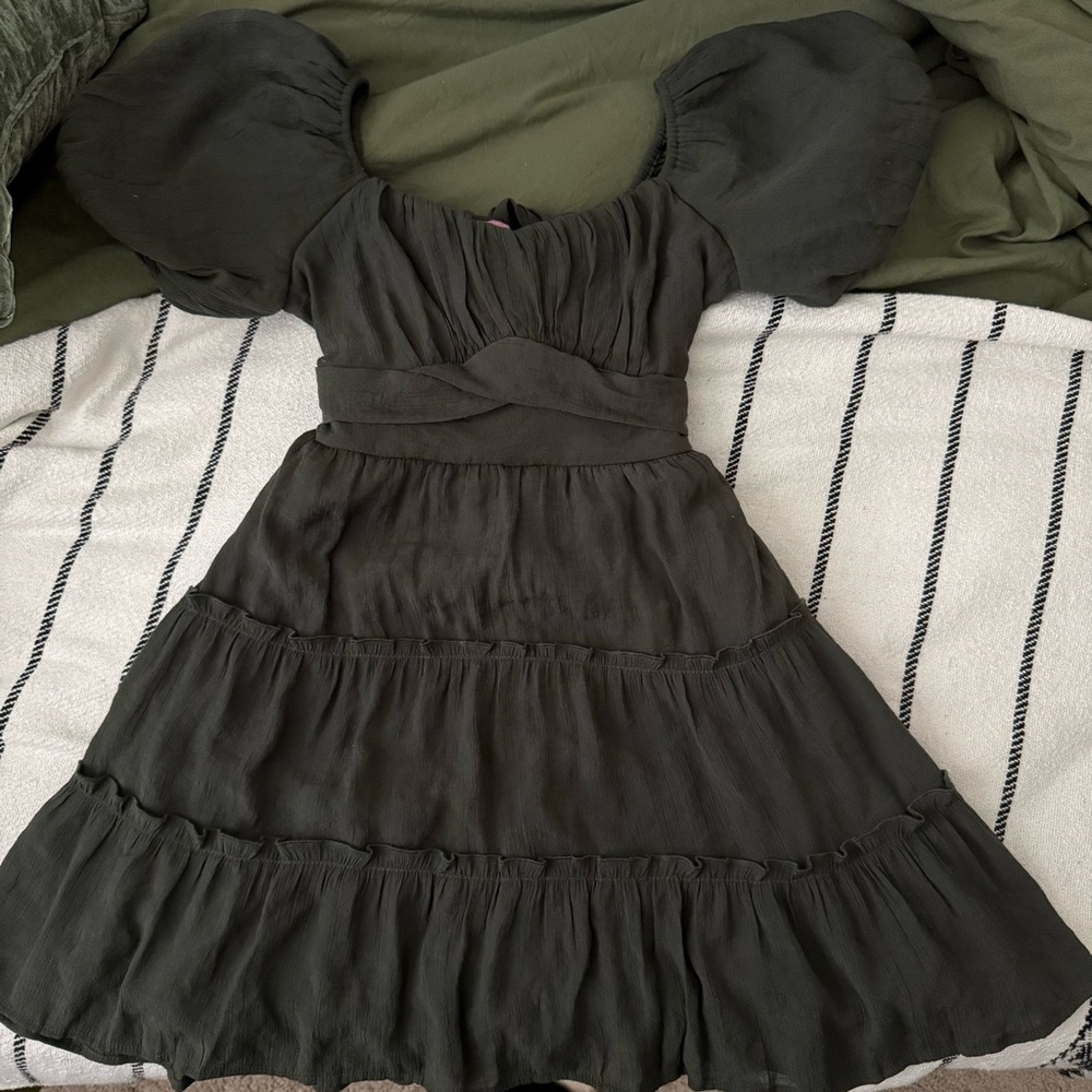 Francesca’s Green Emma Corset Wrap Waist Tiered
Mini Dress Cottage Core Folklore